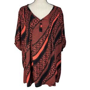Roaman’s SZ 22W Top Geometric V-Neck Lightweight Short Balloon Sleeves Pintuck